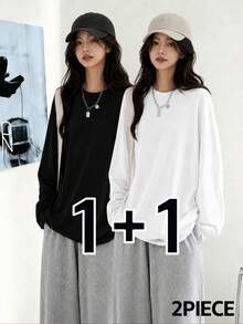 Setelan 2 Potong Kaos Lengan Panjang Wanita Musim Gugur/Dingin, Longgar, Minimalis, Serbaguna, Warna Polos - Hitam + Putih - View 3
