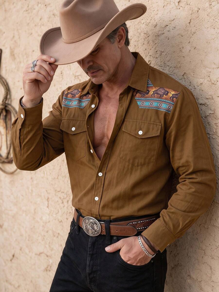 GOLDREDY Men's Fashion Elegant Western Style Solid Color Patchwork Contrast Design Turn-Down Collar Full Button Front Long Sleeve Spring Shirt Trachten Shirt - Coffee Brown - View 1