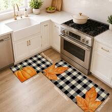 1pc Autumn Pumpkin Maple Leaf Black & White Plaid Kitchen Home Decor Floor Mat, Non-Slip Absorbent Long Runner Rug, Thanksgiving Country Style Bathroom Laundry Room Door Mat Set - Multicolor - View 11