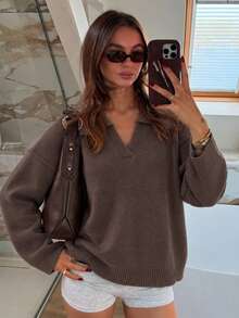 Women's Turn Collar V-Neck Drop Shoulder Knit Sweater, Loose Fit Solid Color Preppy Style Pullover, Vintage Aesthetic, Suitable For Office Weekend Campus Daily Occasions - Coffee Brown - View 1