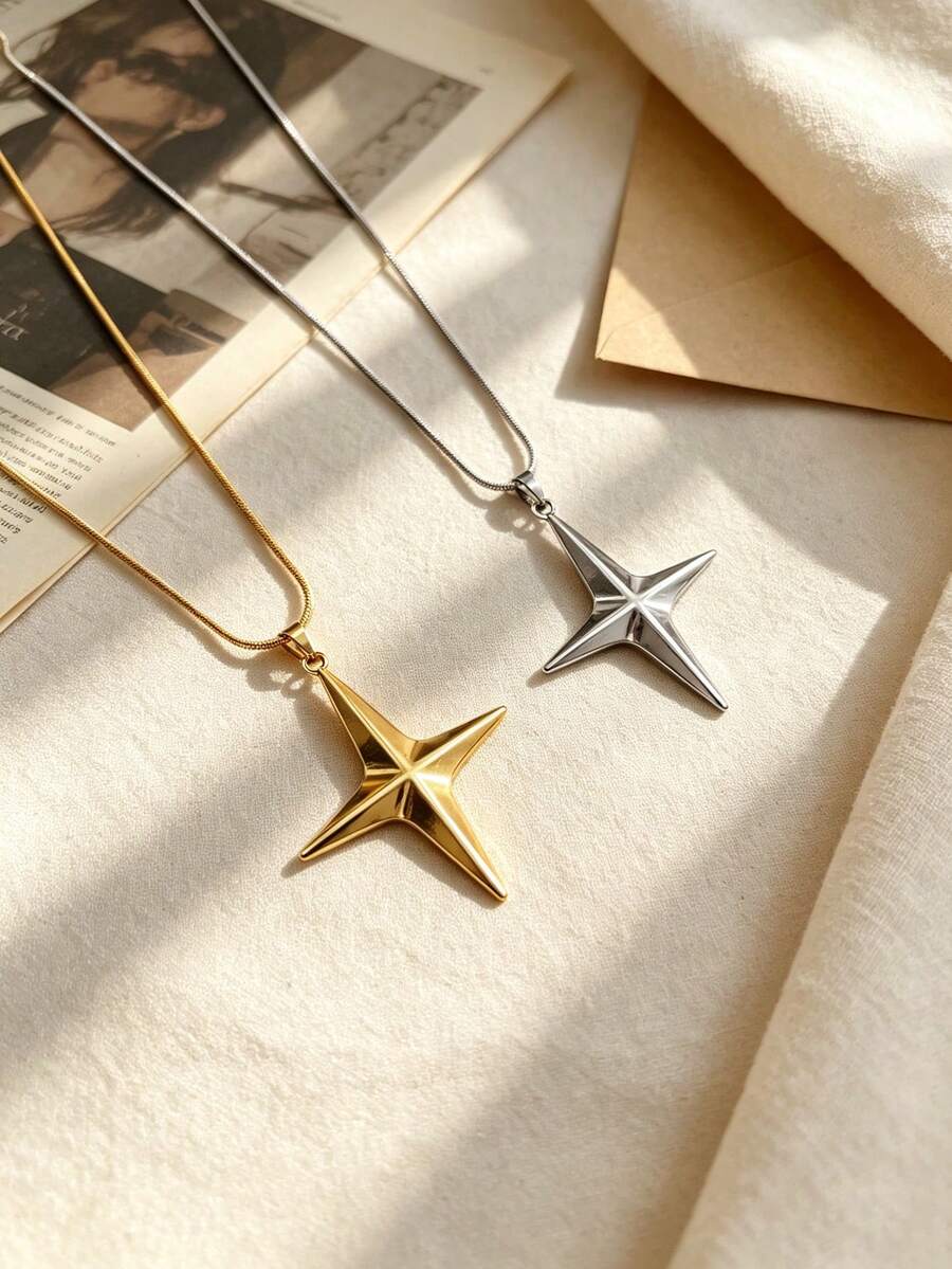 1pc Exaggerated Vintage Stainless Steel Gold-Plated Cross & Oversized Star Pendant Necklace, Unisex, Daily Wear, Couple Gift, Holiday Gift - Multicolor - View 1