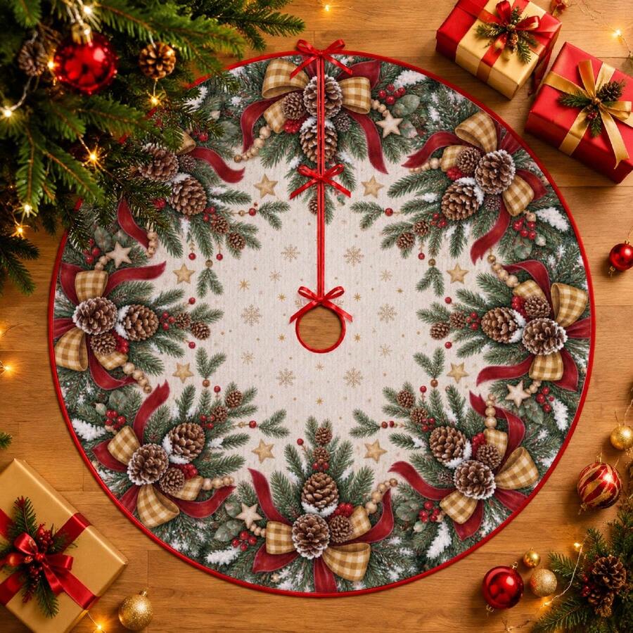 1pc Plaid Bow & Pom Pom Pattern Christmas Tree Skirt, Elegant Color Holiday Decor, 5 Sizes, Unisex Holiday Gift, Suitable For Home And Party Christmas Decoration - Plaid Bow Pine Cone - View 1
