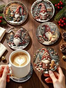 6/1pc Christmas Round Coasters, Heat-Resistant Coffee Cup Mats, Vintage 2D Flat Desktop Protector, Christmas Holiday Home Decor, Ideal Housewarming Gift, Party & Holiday Tableware - Multicolor - View 1