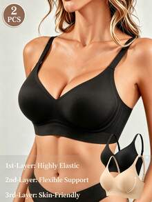 2pcs Women Seamless Wireless Soft Cup Bras, Elastic Comfortable Unpadded Pullover Bras - Multicolor - View 9