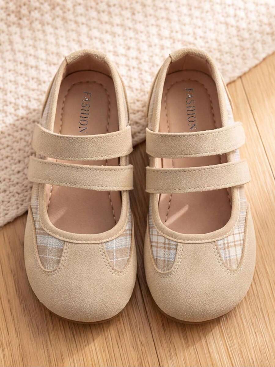 Baby Girls Soft Mary Jane Shoes, Beige Suede Plaid Patchwork, Double Hook And Loop Strap, Comfortable Non-Slip Flats - Apricot - View 1