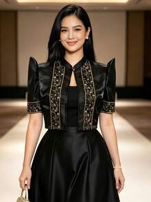 1件女款時尚優雅蝴蝶袖 Filipiniana 泡泡短袖上衣，夏季 - 黑色 - 查看 5