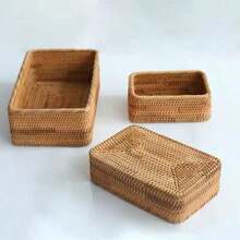 Natural Wood Color Handmade Woven Rattan Placemat, Japanese Style Square Multi-Functional Fruit Tray Storage Box, Suitable For Restaurant/Outdoor Picnic, Home Storage, Wedding Decoration, Fruit Plate Storage - Mocha Brown - View 2
