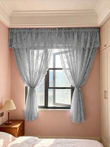 1pc French Romantic Style Semi-Sheer Curtain Panel, With Beaded Lace Trim, 100% Polyester Mesh, Wave Rod Pocket Design, Adjustable Decorative Curtain Suitable For Living Room Bedroom Balcony, Classic Style, Machine Washable, Suitable For Seasonal Use, Rod Pocket Design, Unlined, Semi-Sheer, Country Style, Premium Quality, Rod Pocket Design, Suitable For Door Curtain Panel, Woven, Embroidered, Polyester Fiber, Hanging Method, Fabric Weight 100-120g - Multicolor - View 3