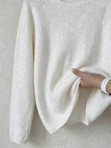 Korean Style New Round Neck Knit Pullover Sweater With Scattered Fine Glitter Sequin Embellishments, Long Sleeve Loose Minimalist Versatile Top For Women - Beige - View 3