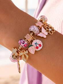 NAIZHU 1/2pcs Fashionable Luxury Strawberry Flower Butterfly Leopard Print Element Bracelet Suitable For Women Daily Wear And Dating - Multicolor - View 4
