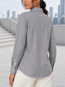 Women Striped Button Front Shirt Long Sleeve Classic Collar Casual Loose Fit Blouse With Chest Pocket - Black and White - View 6