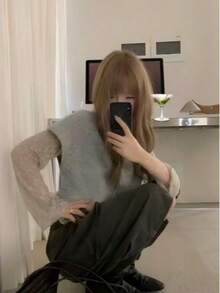 New Women's Spring/Autumn Asymmetrical Knit Short Sleeve Cardigan With 4-Way Stretch Flared Sleeves And Lace Camisole 2 Pieces Set - Grey - View 4