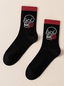 1 Pair Halloween Black & Red Colorblock Skull Rose Mid-Calf Socks For Men Women Couples - Black - View 3