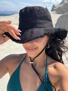 1pc Women's Drawstring Brim Bucket Hat, Adjustable Design, Soft Fabric, Sun Protection & Windproof, Suitable For Travel, Beach, Casual Vacation, Play And Daily Use - A - View 5