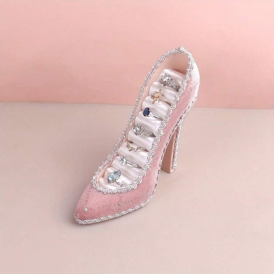 1pc High Heel Shaped Ring Display Stand, Pink Jewelry Counter Ring Display Rack, Ring Storage Display Shelf Suitable For Jewelry Store Boutique Desktop, Portable Ring Collection Display Stand, Jewelry Storage Organizer Rack For Counter Display