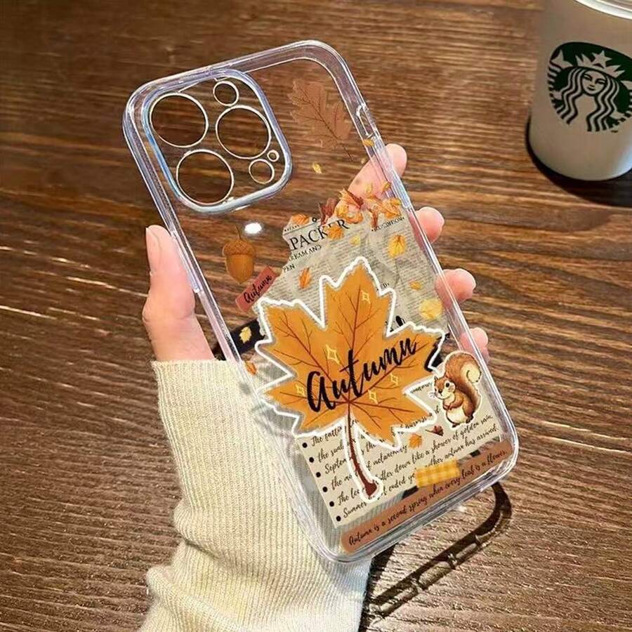 1pc Transparent Vintage Autumn Maple Leaf Squirrel Sticker Phone Case Cartoon Newspaper Collage Compatible With Apple 17Promax/11/12/13/14plus/15/16pro - Maroon - View 1