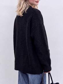 Women's Autumn/Winter Minimalist Small Letter Design V-Neck Sweater Cardigan Jacket - Black - View 2