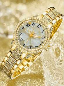 Gold-Tone Full Rhinestone Floral Dial Women's Quartz Watch Set, Rhinestone Bracelet, Necklace, Ring, Stud Earrings Fashion Jewelry Set, Suitable For Daily Commute, Party, Evening Wear, Valentine's Day, Mother's Day, Birthday Gift - Gold - View 3
