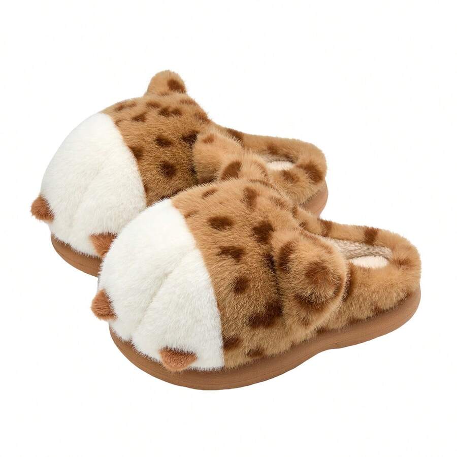 Sandal Rumah Musim Dingin Kartun Lucu Hangat Lembut & Tahan Lama Tekstur Anti-Selip Nyaman Berbulu Sepatu Pasangan - Khaki - View 1