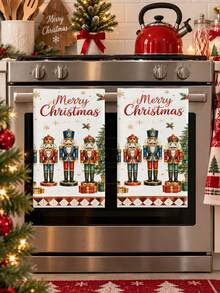 Christmas Towel Merry Christmas Decorative Kitchen Hand Towel Nutcracker Holly Snowflake Christmas Tree Gift Box Pattern Red Holiday Gift Home Decor Kitchen Bathroom Towel - Multicolor - View 2