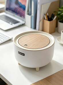 Cute Round Desktop Trash Can With Press Lid Set, Wood‑Grain Cover Small Tabletop Waste Bin,Trash Can,Back To School,Halloween,National Day,Christmas, Decorative Countertop Garbage Bin For Desk, Bedroom, Kitchen - View 3