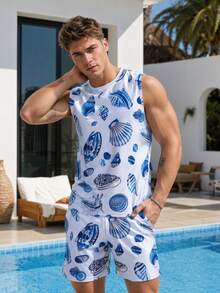 Men's Shell Print Sleeveless Tank Top And Short Sleeve Set, Men's Vacation Casual Sleeveless Tank Top Set - Multicolor - View 1
