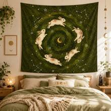 1PC Sky Rabbit Tapestry, Moon Star Rabbit Wall Hanging Decoration, Dark Green Cabin Style Room Decoration, Mysterious Forest Baby Room Bedroom Bohemian Style Wall Decoration - Multicolor - View 7