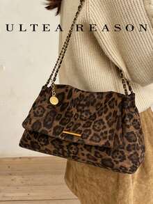1pc Leopard Print Polyester New Women's Bag, Shoulder Bag, Crossbody Bag, Fashion Square Handbag, Chain Strap, Suitable For Commuting, Shopping, Dating - Coffee - View 4
