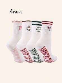 1 Pair/5 Pairs Women's Indoor Pilates Non-Slip Rubber Print Embroidered Heart Letter Bow Yoga Socks - Multicolor - View 11