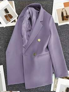 Spring/Summer Women's Solid Color Long Sleeve Double-Breasted Blazer, Notch Lapel | Suitable For Dating, Party, Outing And Holiday Celebration - Taro Purple - View 2