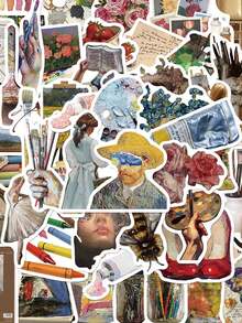 50PCS,The Art Of Painting Mobile Phone Stickers,PVC Material,Scrapbook Supplies,Creative And Aesthetic Design Sticker,Suitable For Mobile Phone Cases,Tablets,Laptops,Suitcases,Cars,Notebooks,Helmet,Guitar,Skateboard,Storage Box,Computer, - Multicolor - View 8