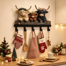 3pcs Highland Cow Metal Kitchen Hooks, Farm Animal Decorative Hangers, Suitable For Kitchen Entrance, Spoon, Towel, Pot Rack Hooks, Keys, Bags, Country Style, Decorative Rack - Black and White - View 3