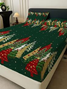 1PC Green Christmas Theme Pattern Fitted Sheet (Fitted Sheet Only, No Pillowcase), Christmas Tree Print Soft Bedding, Suitable For Bedroom, Guest Room, School Dormitory, Easy To Remove And Machine Washable All Season Mattress Protector, Perfect Christmas Gift For Parents And Friends - Multicolor - View 4