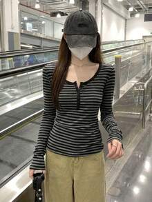 女士修身圆领长袖条纹T恤，韩版风格，春秋休闲款 - 灰色 - 查看 2