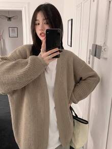 Jaket Sweater Luar Ruangan Longgar Berkerah Terbuka Model Slouchy Terbaru untuk Musim Gugur/Dingin - Khaki - View 3