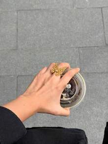 24K Gold Plated Laser Engraved Honeycomb Butterfly Ring, Large Statement Butterfly Open Ring, Fashion Women Party Jewelry - Gold - View 4