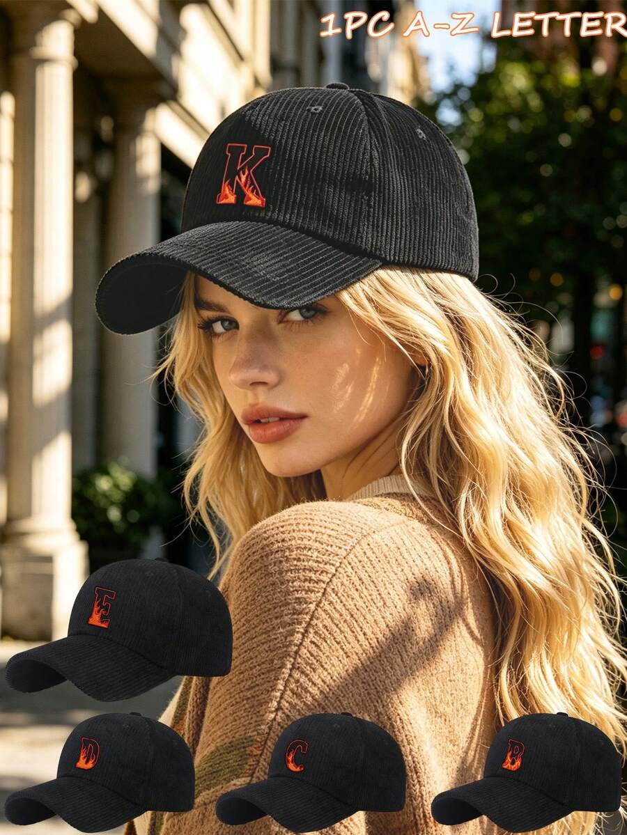 1pc Solid Color Corduroy Baseball Cap, A‑Z Letter Embroidery, Halloween Vibe, Suitable For Spring, Autumn, And Winter, For Fall Winter Outfits - Black - View 1