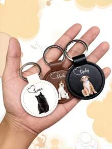 1pc Customized Leather Keychain - Round Keyring For Men & Women, Perfect For Holiday Gifts And Party Favors, Independence Day Halloween Gift - Multicolor - View 5