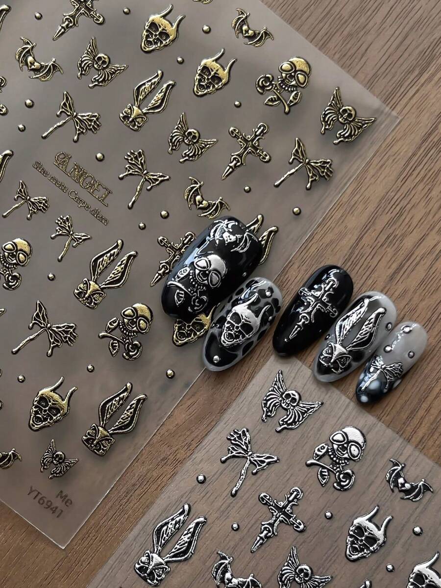1pc Fall Autumn Embossed Skull Cross Rabbit Ear Halloween Demon Pattern Nail Stickers, Gold & Silver Colors For Autumn/Winter Vibes, Y2K Nail Salon Style Nail Art Accessories, Fingernail DIY Decoration - Multicolor - View 1