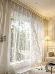 1pc Embroidered White Floral Fresh Fashion Gauze Curtain, Floral Pattern, Rod Pocket Design, Suitable For Living Room And Bedroom - Transparent And Light Filtering Curtains, Living Room Curtains, Bedroom Curtains - Multicolor - View 9