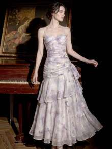 Women's Spaghetti Strap Butterfly Print Long Dress Elegant Romantic Fairycore Tiered Ruffle Wedding Guest Prom Gown Outfit Evening Party Slim Dresses - Mauve Purple - View 4