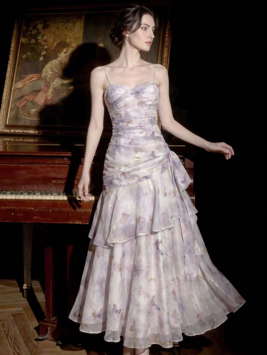 Women's Spaghetti Strap Butterfly Print Dress, Elegant Romantic Fairy Style Layered Ruffle Hem, Wedding Guest Party Evening Dress, Slim Fit - Mauve Purple - View 1