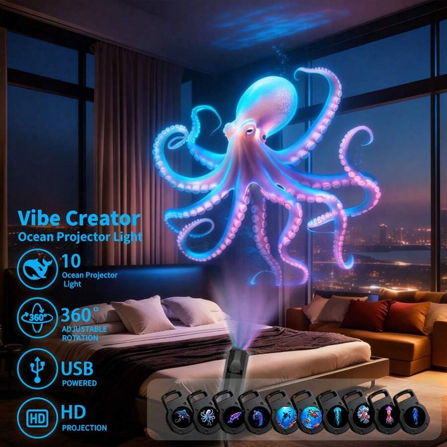 Colorful Ocean Animal USB Projection Creative Pattern Photo Room Atmosphere Light, 3D Night Light Ocean Animal Atmosphere Light With Multiple Projection Image Replacement, LED Projection, Decorative Lighting Projection, Suitable For Indoor Room Walls, Ceiling Projection, USB 360° Adjustable Angle, Christmas Gift Holiday Gift Perfect Essential Gift For 13 Holidays - Plug-in Colorful Atmosphere Night Light - Ocean Animals - View 1