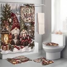 1pc/4pcs Patterned Multi-Functional Bathroom Decor Shower Curtain Set Free 12 Hooks Premium Holiday Atmosphere Bathroom Mat U-Shaped Floor Mat And Round Toilet Lid Cover Suitable For All Scenes Decoration Bathroom Set - Couple's Dwarf Figurines - View 9