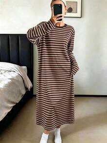 女款條紋印花休閒舒適長袖洋裝，柔軟舒適居家洋裝，適合秋冬穿著 - 彩色 - 查看 3