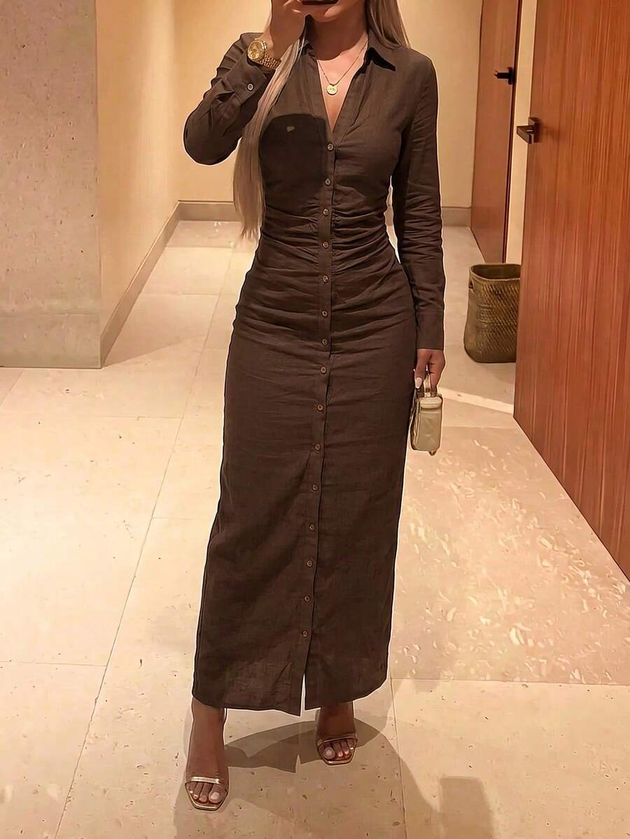Vellofy Women's Autumn/Winter Brown Shirt Dress, Long Sleeve With Collar, Front Button Closure, Ruched Waist, Slim Fit Bodycon Long Dress, Elegant And Flattering, Suitable For Commuting, Daily Wear, Dating, Light Parties - Brown - View 1