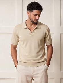 Voidago Men's Solid Color Turndown Collar Casual Short Sleeve Knit Top - Khaki - View 1