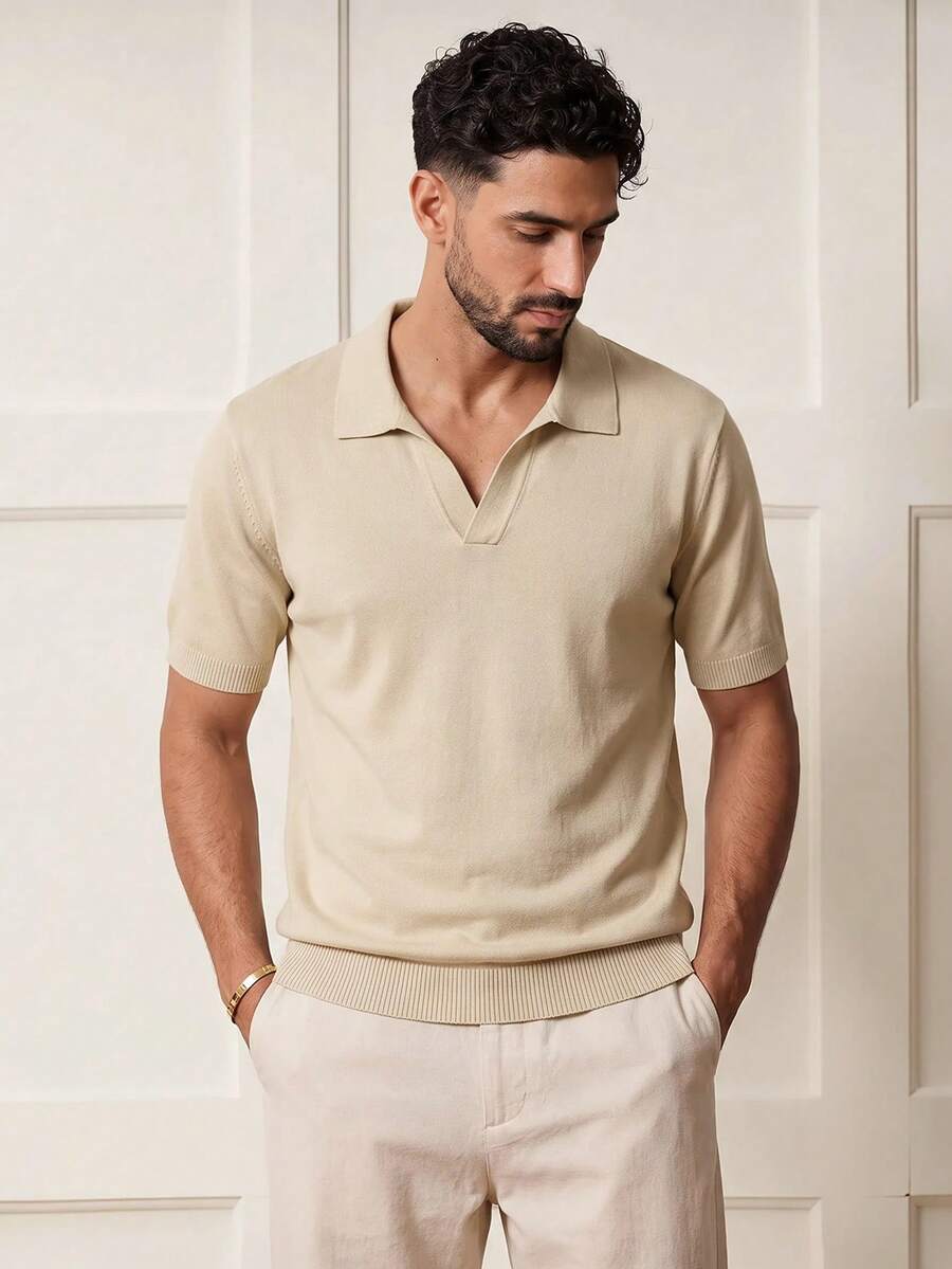Voidago Men's Solid Color Turndown Collar Casual Short Sleeve Knit Top - Khaki - View 1