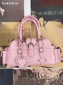 Y2K Vintage Millennium Style Motorcycle Crocodile Embossed Square Rivet Handbag, Large Capacity Casual Multi-Pocket Sweet Cool Motorcycle Bag, Handheld Underarm Crossbody Bag (Free Heart Pendant) - Watermelon Pink - View 3