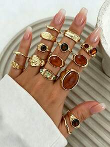 13/5pcs Fashionable Luxury Vintage Exaggerated Gemstone Open Ring Set, Designer Ins Style Metallic Glossy Wrinkled Finger Rings, Suitable For Party, Vacation, Gift For Friends And Family, Daily Wear - Yellow Gold - View 1